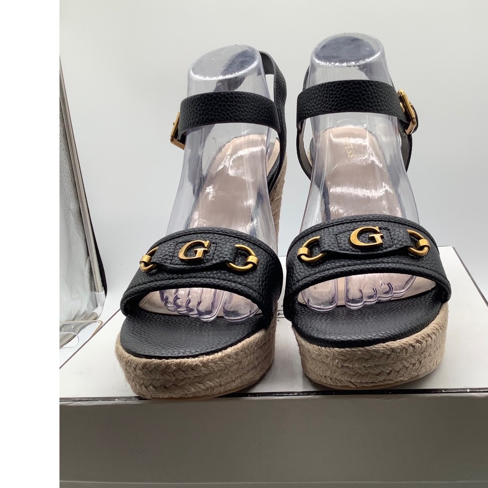 GUESS Hisley Black Pebbled Espadrille Wedge Sandals Gold G Logo Mens 11 M NEW